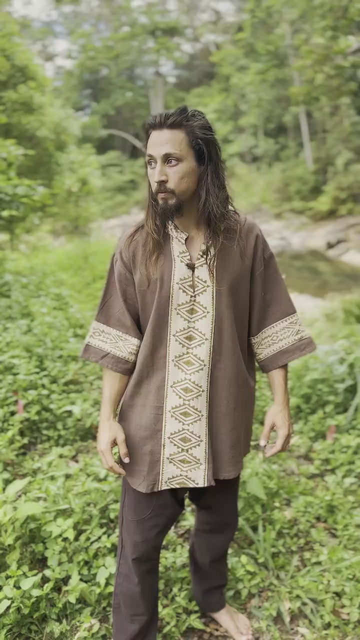 MAHADI Mens Brown Shamanic Top Ceremony Shirt Natural Cotton Block Printed Tribal Patterns Ritual Festival Boho Wedding Best Man AJJAYA