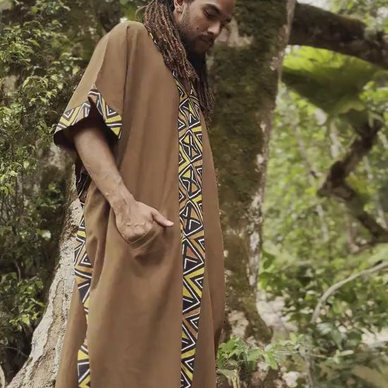 KAFATU Mens Beige Kaftan Kurta Top African Tribal Patterns Handmade Robe Natural Cotton with Pockets Ceremony Ritual Festival Boho AJJAYA