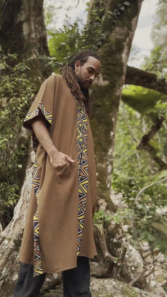 KAFATU Mens Beige Kaftan Kurta Top African Tribal Patterns Handmade Robe Natural Cotton with Pockets Ceremony Ritual Festival Boho AJJAYA