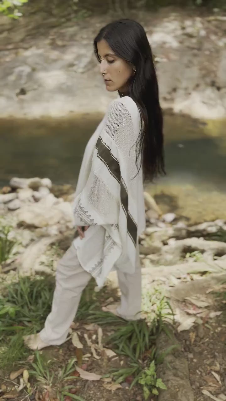 TAIKI Womens Cream Light Beige Poncho Cotton Top Kaftan Boho Block Printed Natural Dye Pattern Festival Bohemian Hippie Collarbone AJJAYA