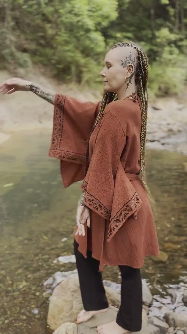 NAAMI Rustic Orange Cotton Kimono Robe Wrap Light Soft Natural Dyed Block Printed Patterns Beach Festival Ceremony Boho Summer Spring AJJAYA