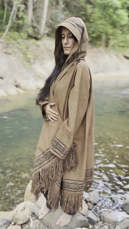 JUBBA Beige Womens Hooded Cloak Long Sleeve Poncho Jacket Festival Tribal Dystopian Apocalyptic Block Printed Steampunk Handmade Dune AJJAYA