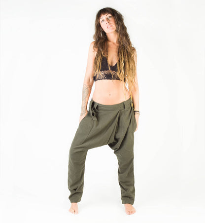 Afghanische Haremshose mit tiefem Schritt, volle Länge, braun, handgefertigt, bequem, Yoga, Gypsy, Boho, Alibaba, Aladdin, Festival, mit zwei Taschen AJJAYA