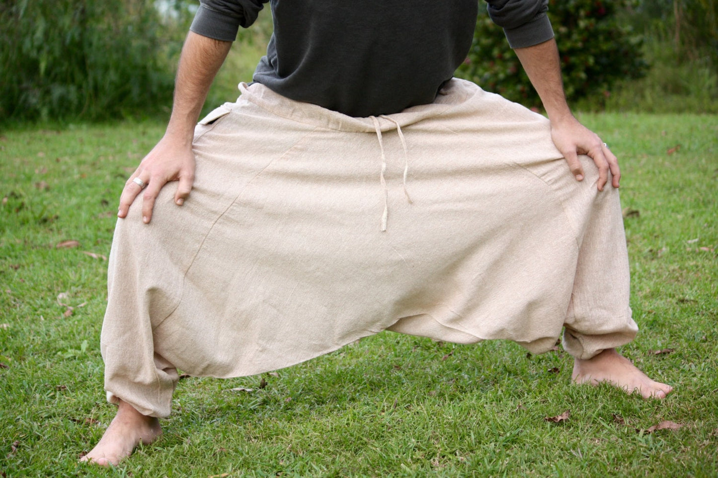 Handmade Aladdin Mens Ashtanga Harem Alibaba Yoga Afghani Pants, Hemp Beige Colour with pocket trousers comfortable tai chi kong fu