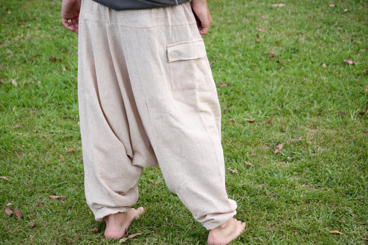 Handmade Aladdin Mens Ashtanga Harem Alibaba Yoga Afghani Pants, Hemp Beige Colour with pocket trousers comfortable tai chi kong fu