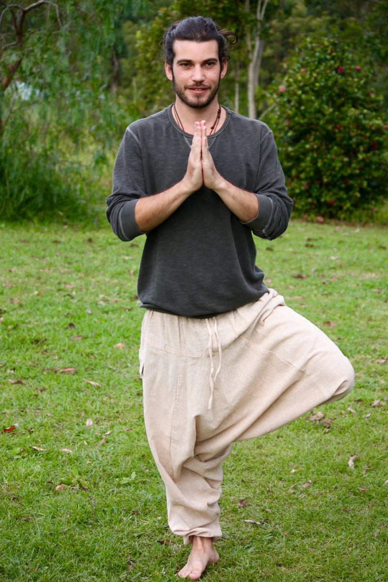 Handmade Aladdin Mens Ashtanga Harem Alibaba Yoga Afghani Pants, Hemp Beige Colour with pocket trousers comfortable tai chi kong fu