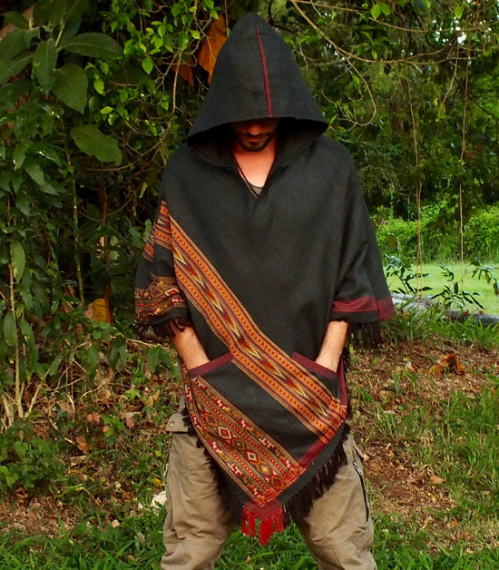 SAMADHI Dark Grey Mens Poncho Handmade Large Hood Pockets Earthy Tribal Pattern Festival AJJAYA Mexican