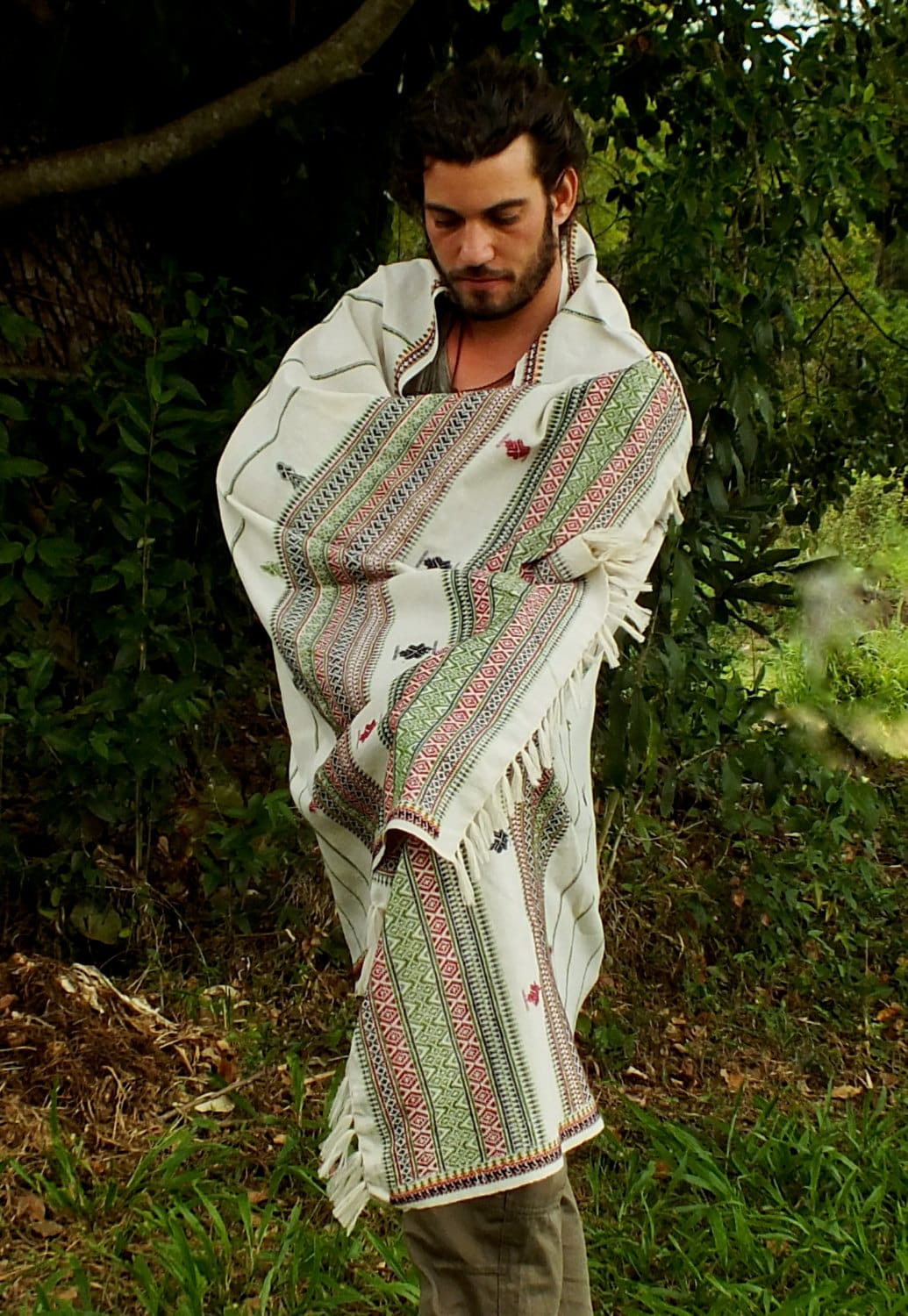 Handmade White Light Cashmere wool Bohemian Shawl, nomadic Kashmiri embroidery AJJAYA wrap blanket Tribal Gypsy Boho Primitive Festival