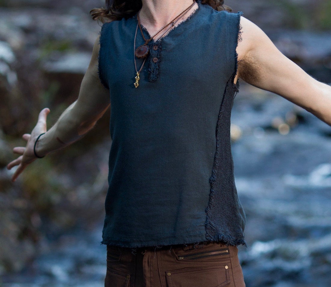 Top de festival negro hecho a mano para hombres Neo Gypsy sin mangas Earthy Tribal Tank Top, Tank Jungle Cotton Open V Neck Rave AJJAYA Nomadic Primitive