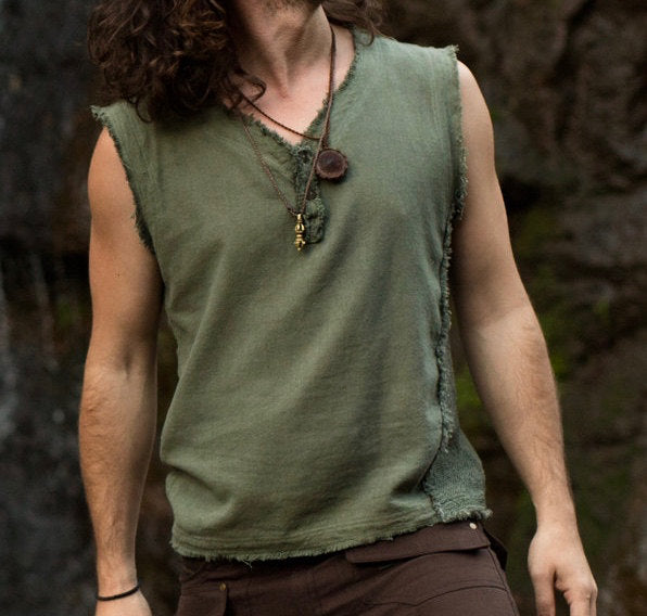 手工绿色男士部落衬衫新吉普赛无袖朴实上衣，背心丛林开领节日狂欢 AJJAYA 游牧原始