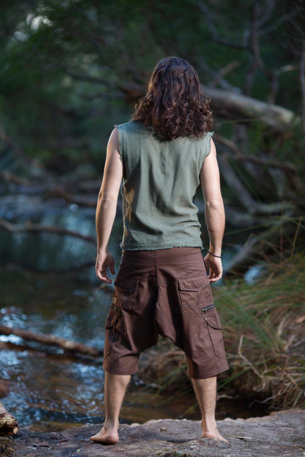 手工绿色男士部落衬衫新吉普赛无袖朴实上衣，背心丛林开领节日狂欢 AJJAYA 游牧原始