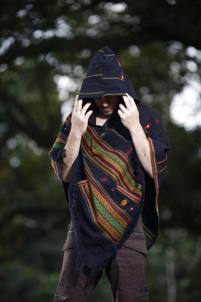 HODDI Handmade Black Poncho Cashmere and Acrylic Wool with Big Hood, Embroidery Tribal Pattern AJJAYA Festival Mens Winter Primitive Earth