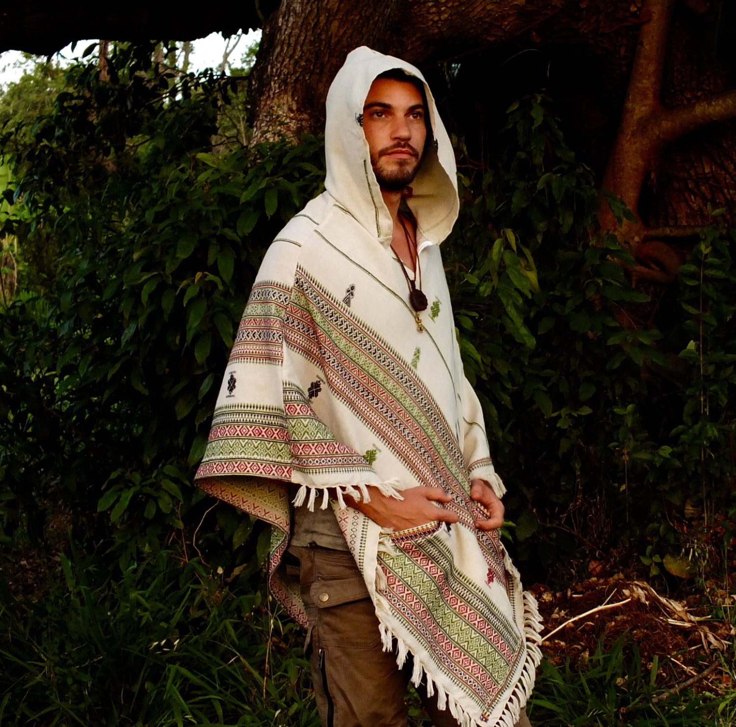 HODDI White Hooded Poncho with Hood Cashmere and Acrylic Wool Earthy Tribal Pattern Festival AJJAYA Mens Wear Boho Primitive Mexican pockets