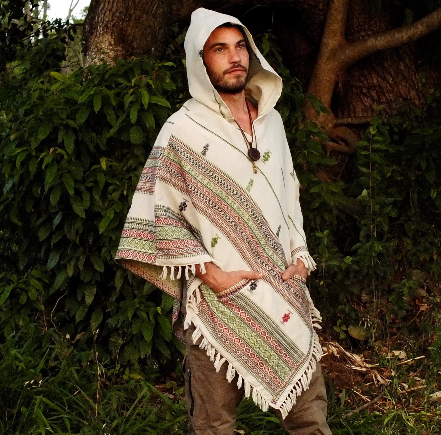 HODDI White Hooded Poncho with Hood Cashmere and Acrylic Wool Earthy Tribal Pattern Festival AJJAYA Mens Wear Boho Primitive Mexican pockets
