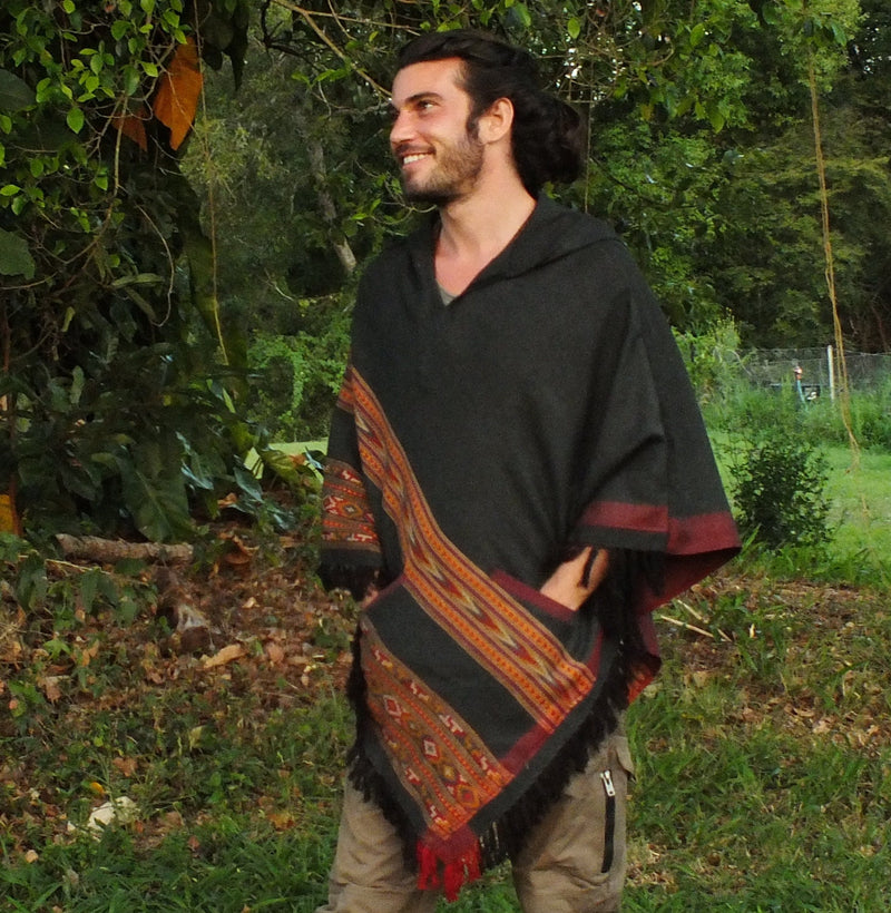 SAMADHI Handmade Grey Poncho with Hoodie YAK Wool and Acrylic Wool Blend Earthy Tribal Pattern Festival Gypsy AJJAYA Mens Natural Shamanic