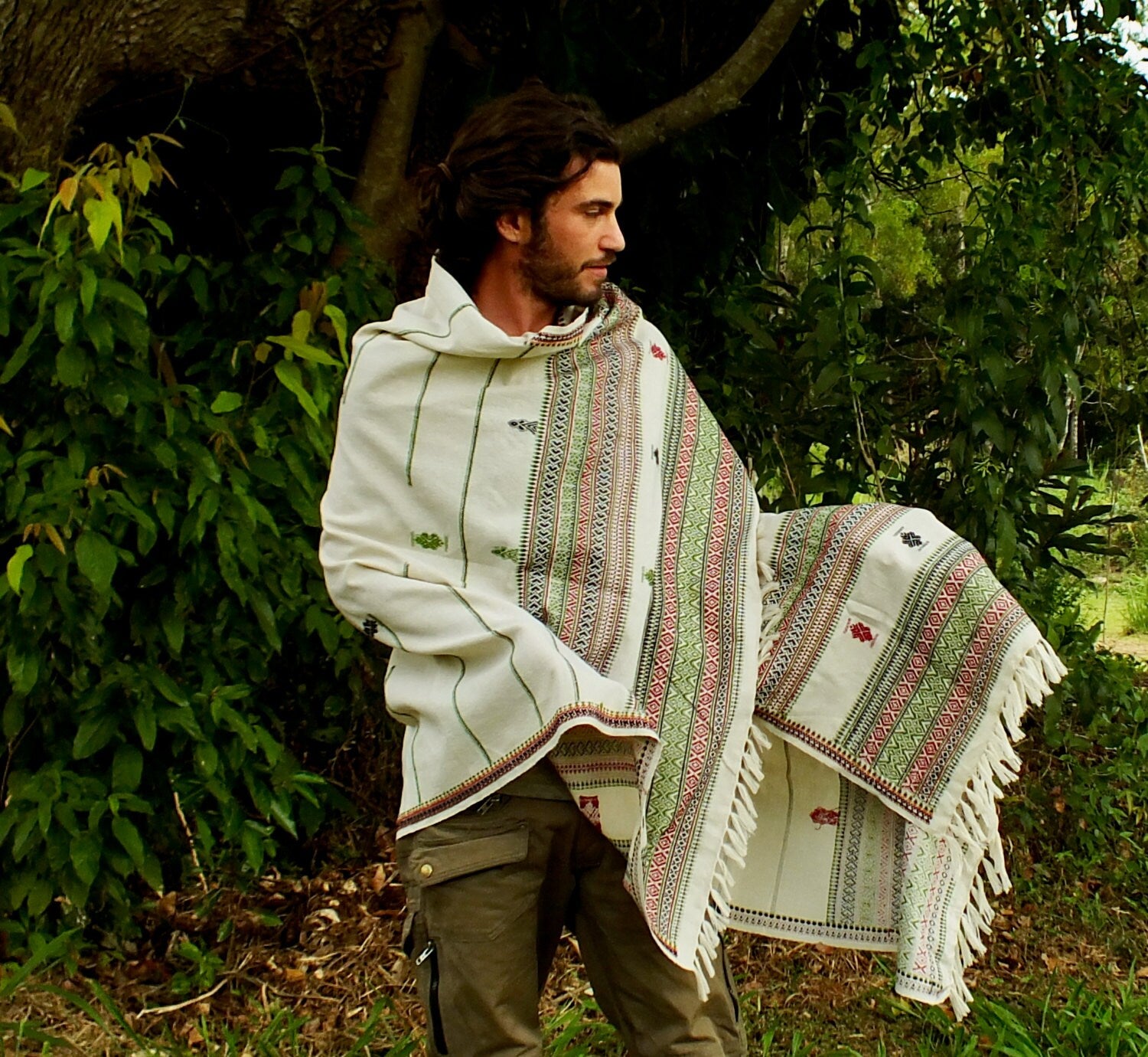 Handmade White Light Cashmere wool Bohemian Shawl, nomadic Kashmiri embroidery AJJAYA wrap blanket Tribal Gypsy Boho Primitive Festival