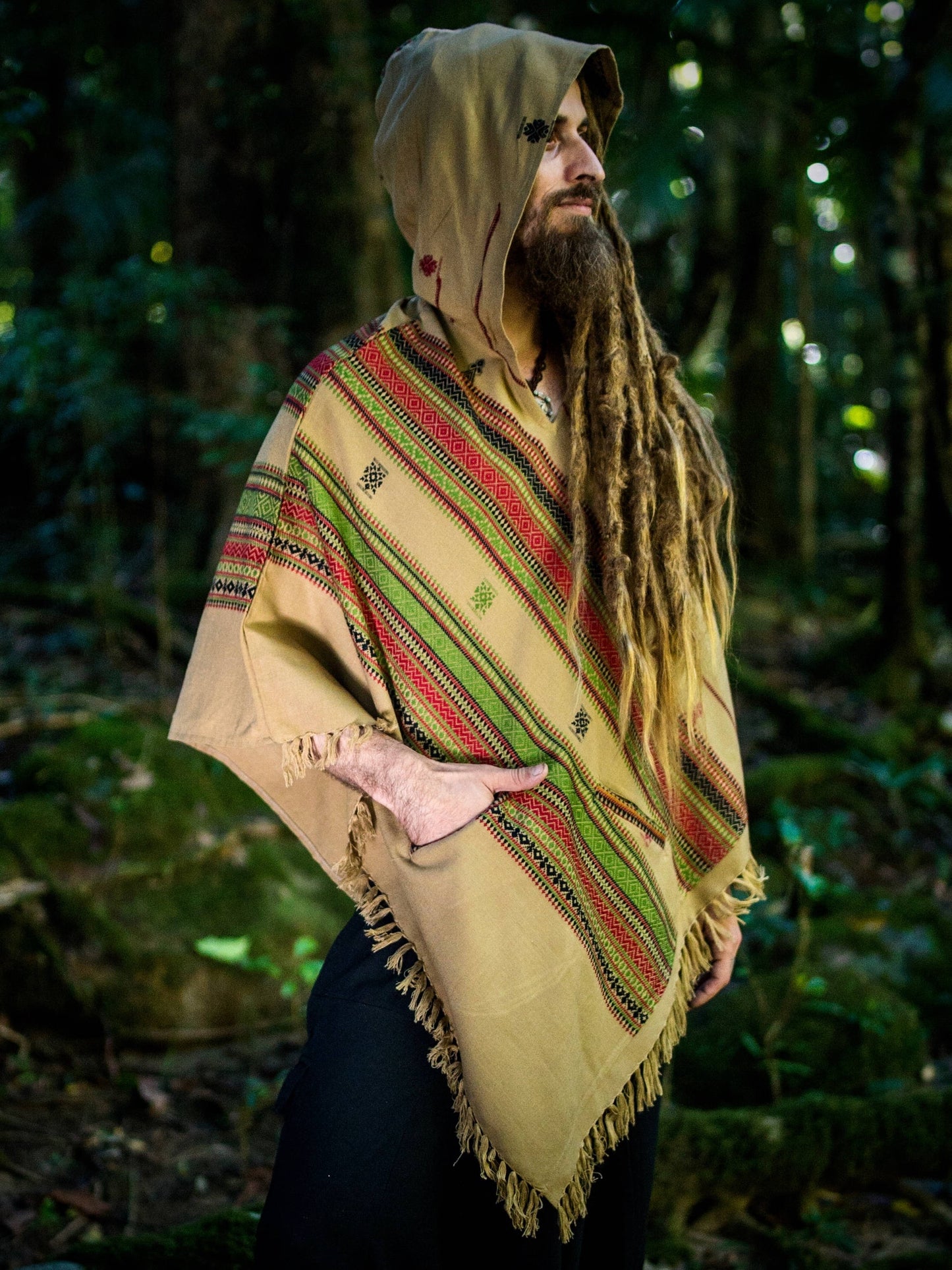 HODDI Handmade Desert Sand Cashmere and Acrylic Wool Poncho with Hood Earthy Tribal Pattern Festival AJJAYA Mens Wear Mexican Primitive