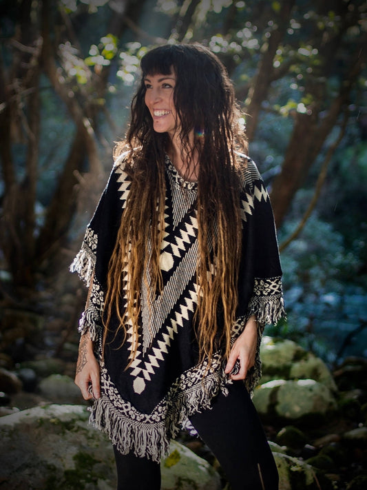 Black and White Vegan Cotton Poncho Women Bohemian Pattern Reversible Double Sided Gypsy Tribal Boho Warm Soft  Festival Doof One Size