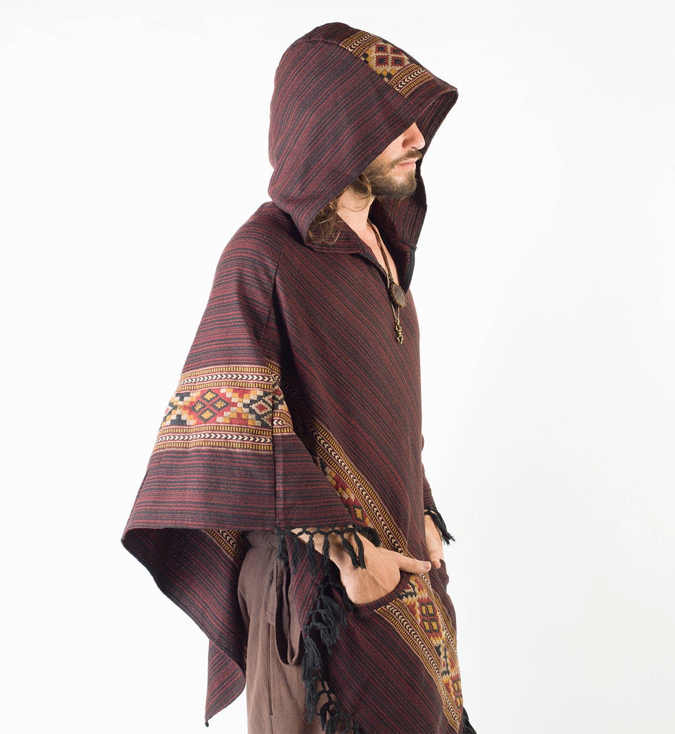 JHANA Mens Poncho Red Crimson Large Hood Yak Wool and Acrylic Wool Tribal Embroidery Celtic Patterns Wild Festival Mexican Primitive AJJAYA