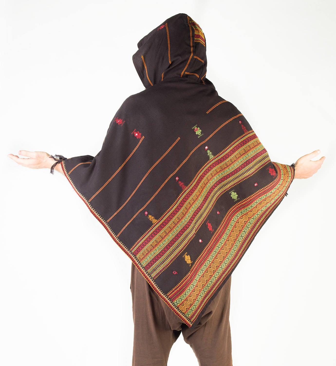 Mens Black Poncho with Large Hood Cashmere Wool Earthy Tribal Pattern Festival Gypsy AJJAYA Winter Warm Primitive Nomadic Mexican pockets