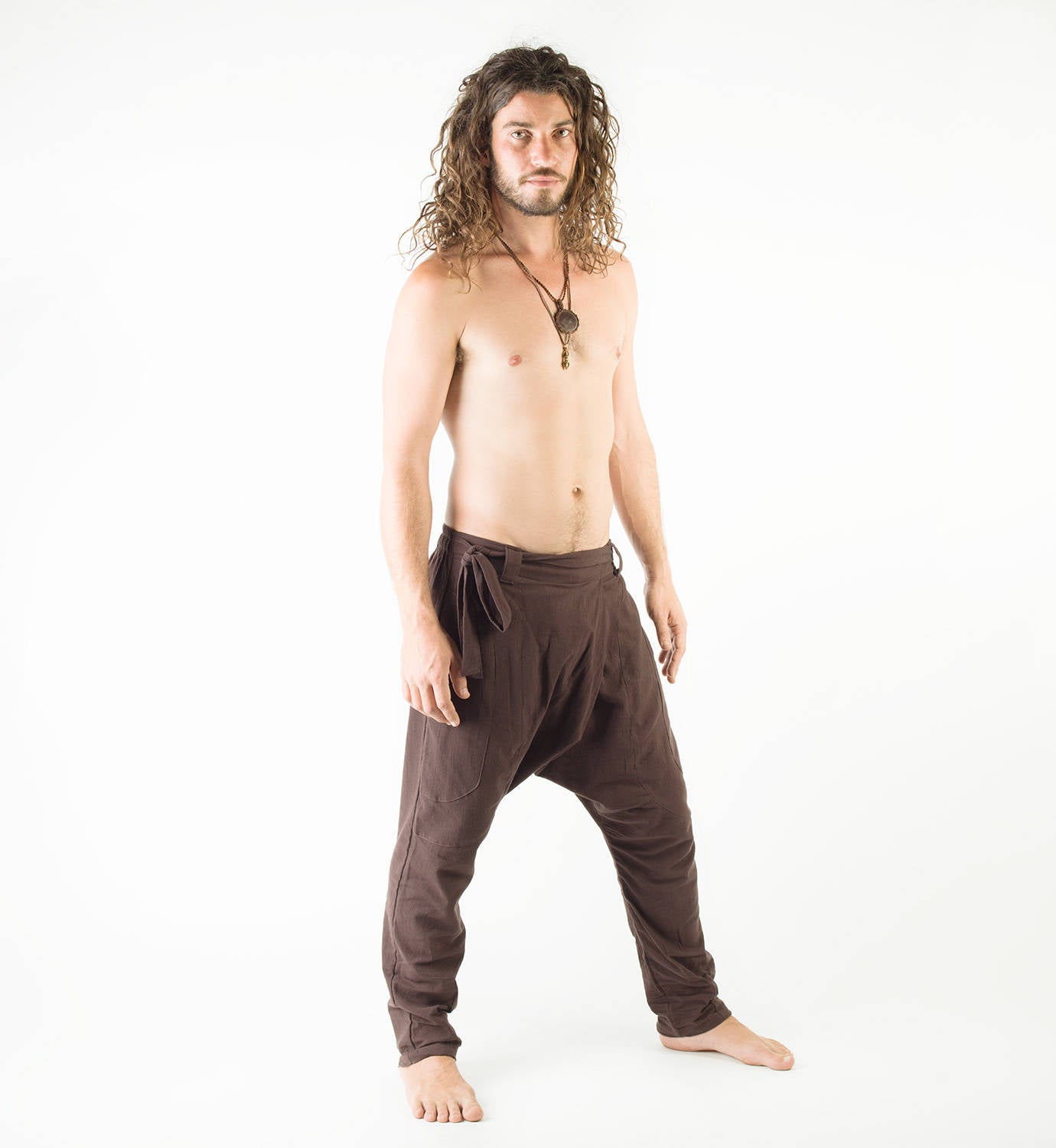 Pantalon d'entrejambe de chute de sarouel afghan brun pour hommes, primitif fait à la main confortable Yoga Gypsy Boho Alibaba Aladdin Festival Pantalon Goa deux poches AJJAYA