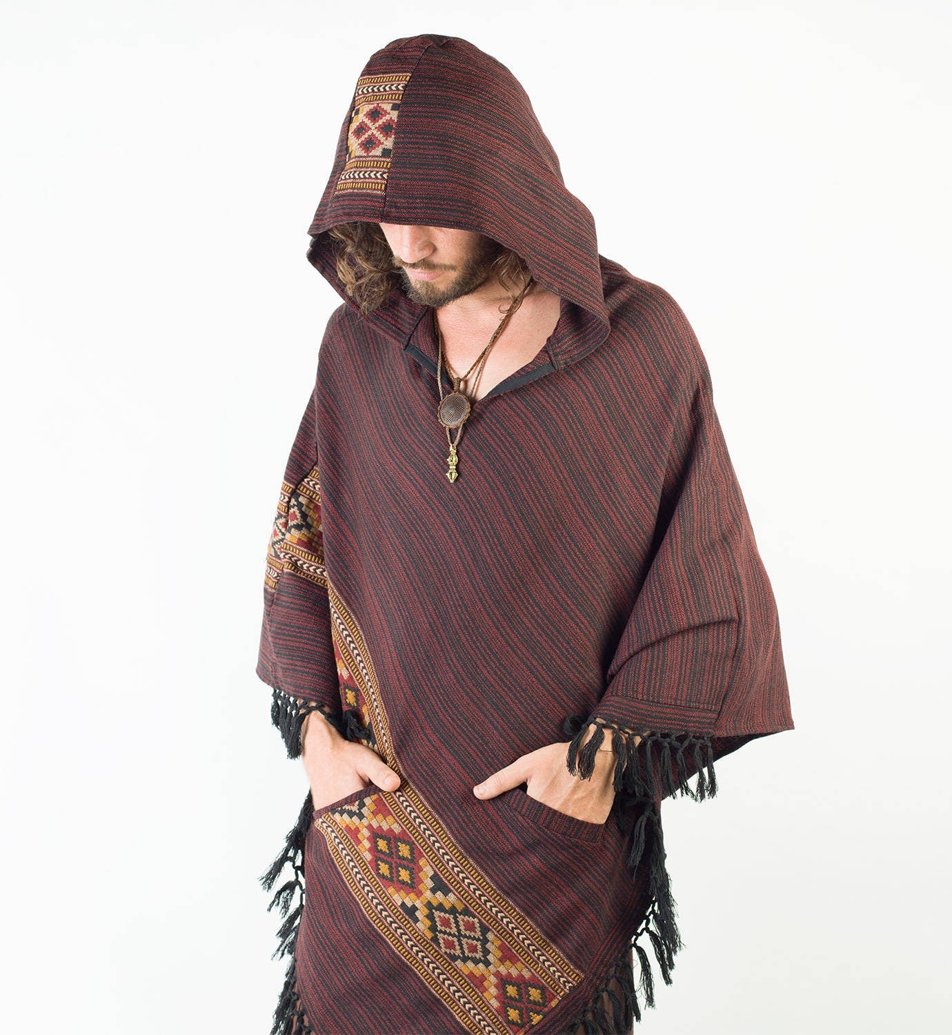 JHANA Mens Poncho Red Crimson Large Hood Yak Wool and Acrylic Wool Tribal Embroidery Celtic Patterns Wild Festival Mexican Primitive AJJAYA