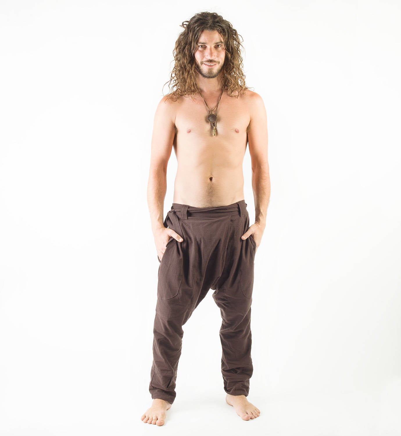 Men's Brown Afghani Harem Drop Crotch Pants, Primitive Handmade Comfortable Yoga Gypsy Boho Alibaba Aladdin Festival Pants Goa two Pockets AJJAYA