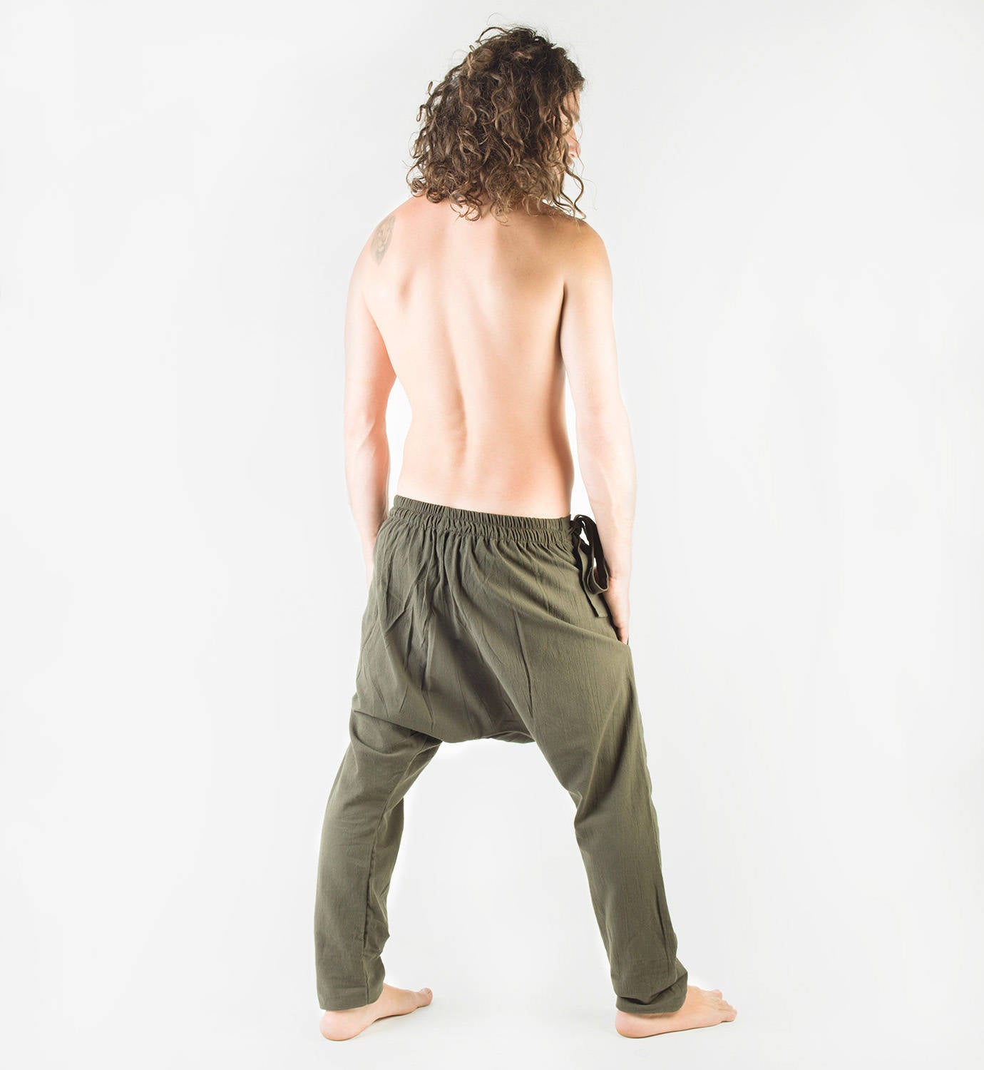 Pantalones bombachos para hombre verde Afghani Drop Crotch, primitivo hecho a mano cómodo Yoga Gypsy Boho Alibaba Aladdin Festival Goa dos bolsillos AJJAYA