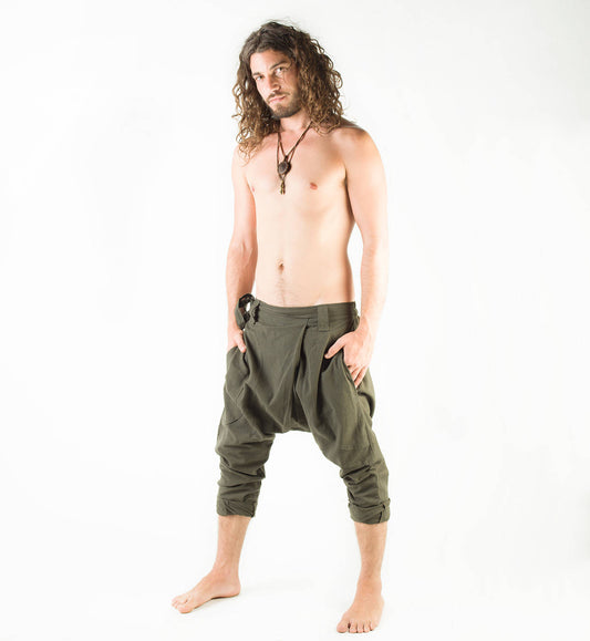 男士后宫裤绿色阿富汗尼吊裆，原始手工舒适瑜伽吉普赛波西米亚风阿里巴巴阿拉丁节果阿两个口袋 AJJAYA