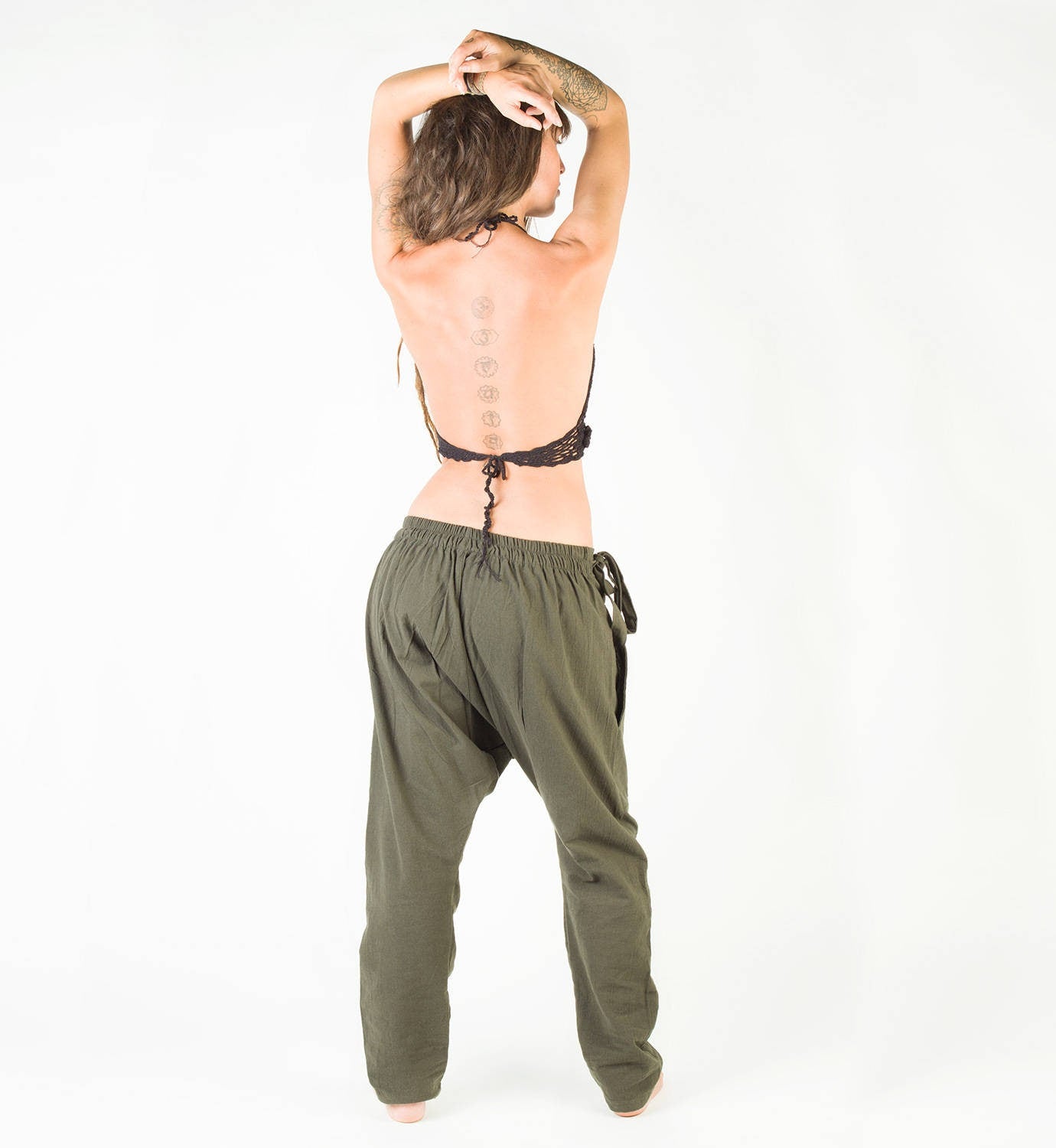 Womens Pants Green Afghani Harem Drop Crotch, Primitive Handmade Comfortable Yoga Gypsy Boho Alibaba Aladdin Festival Goa two Pockets AJJAYA