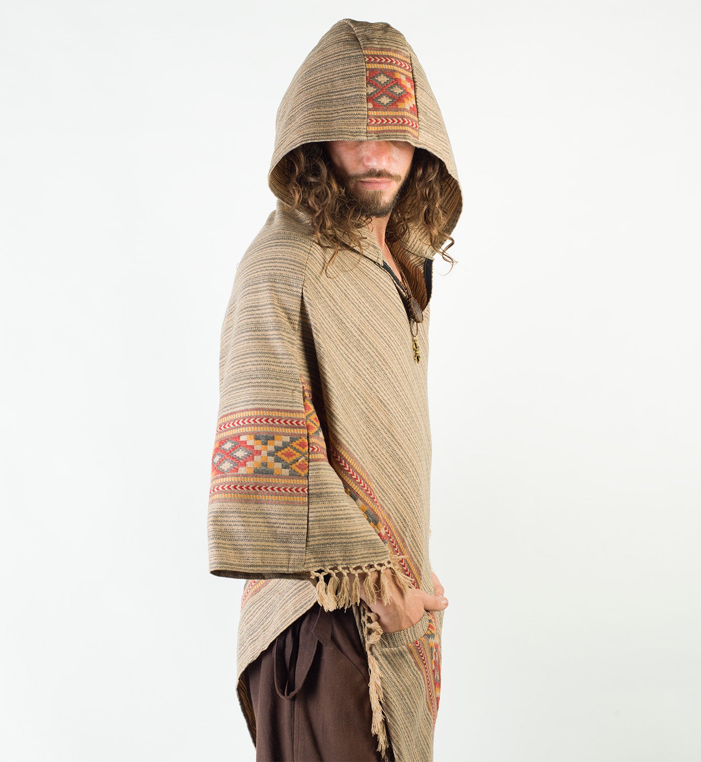 Poncho con capucha marrón para hombre, lana de cachemira, festival hecho a mano Boho primitivo gitano, talla única dos bolsillos, bordado celta, mexicano, AJJAYA