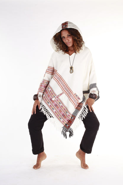Womens Hooded Poncho Pure White Cashmere Wool, with Tribal Embroidery, Large Hood, Two Pockets, Hippie, Primitive, Gypsy, Boho, AJJAYA