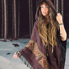 JHANA Womens Red Crimson Poncho Large Hood Yak and Acrylic Wool Tribal Embroidery Celtic Patterns Alternative Festival Primitive AJJAYA