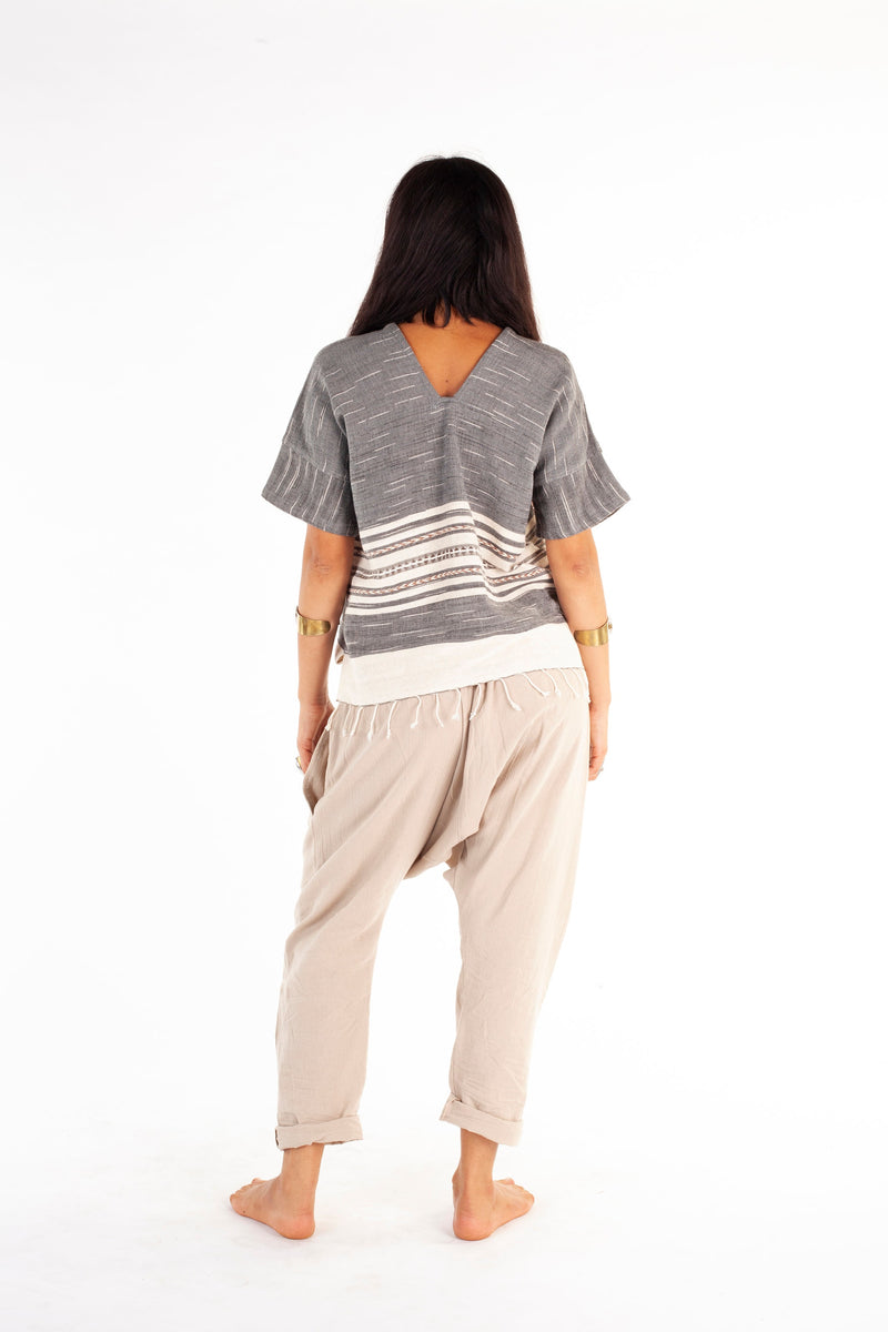 Womens Pants Beige Afghani Harem Drop Crotch, Primitive Handmade Comfortable Yoga Gypsy Boho Alibaba Aladdin Festival Goa two Pockets AJJAYA