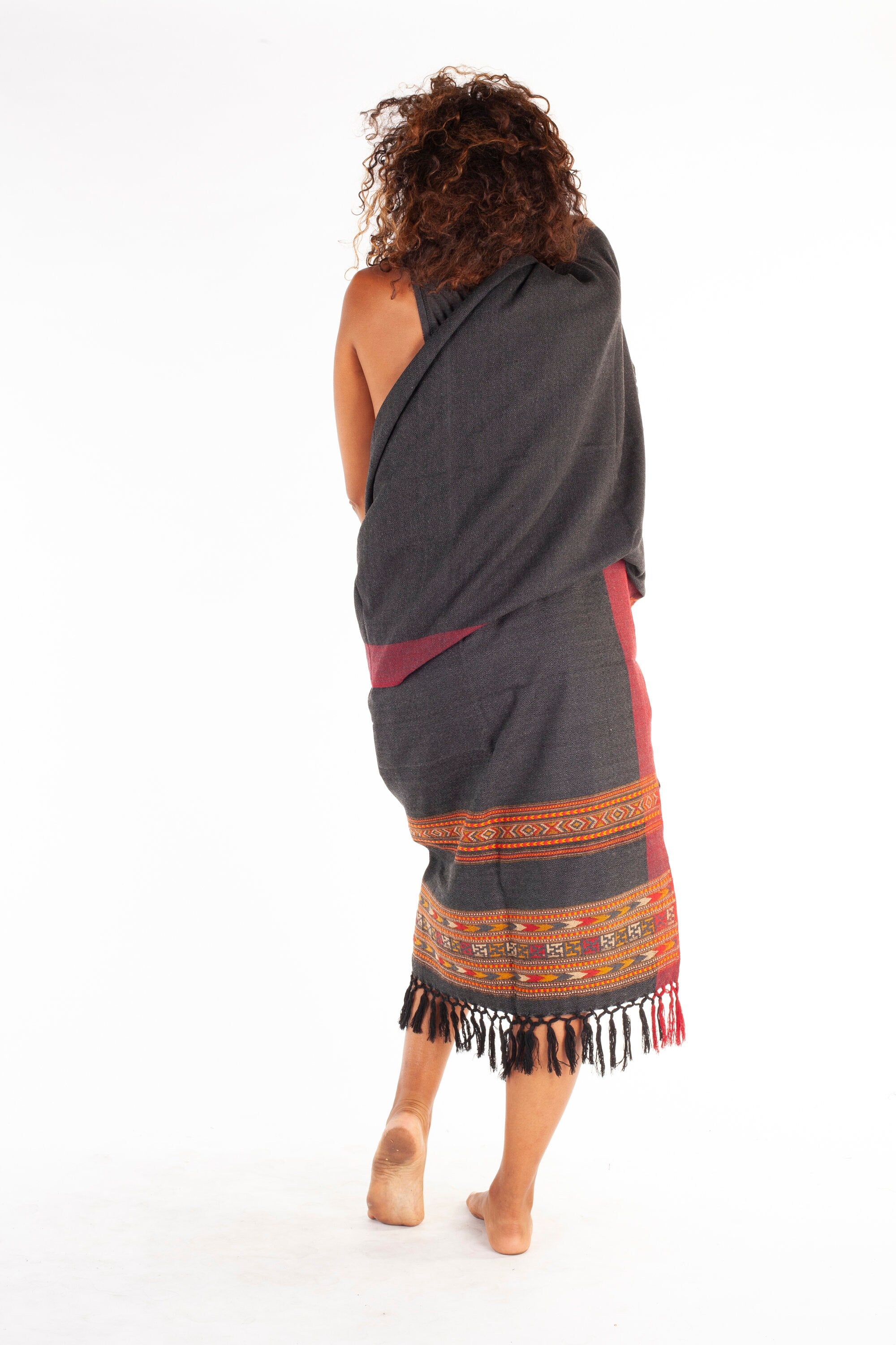 Handmade Cashmere Shawl Dark Grey wool Bohemian, nomadic embroidery AJJAYA wrap blanket Tribal Gypsy Boho Primitive Festival embroidered