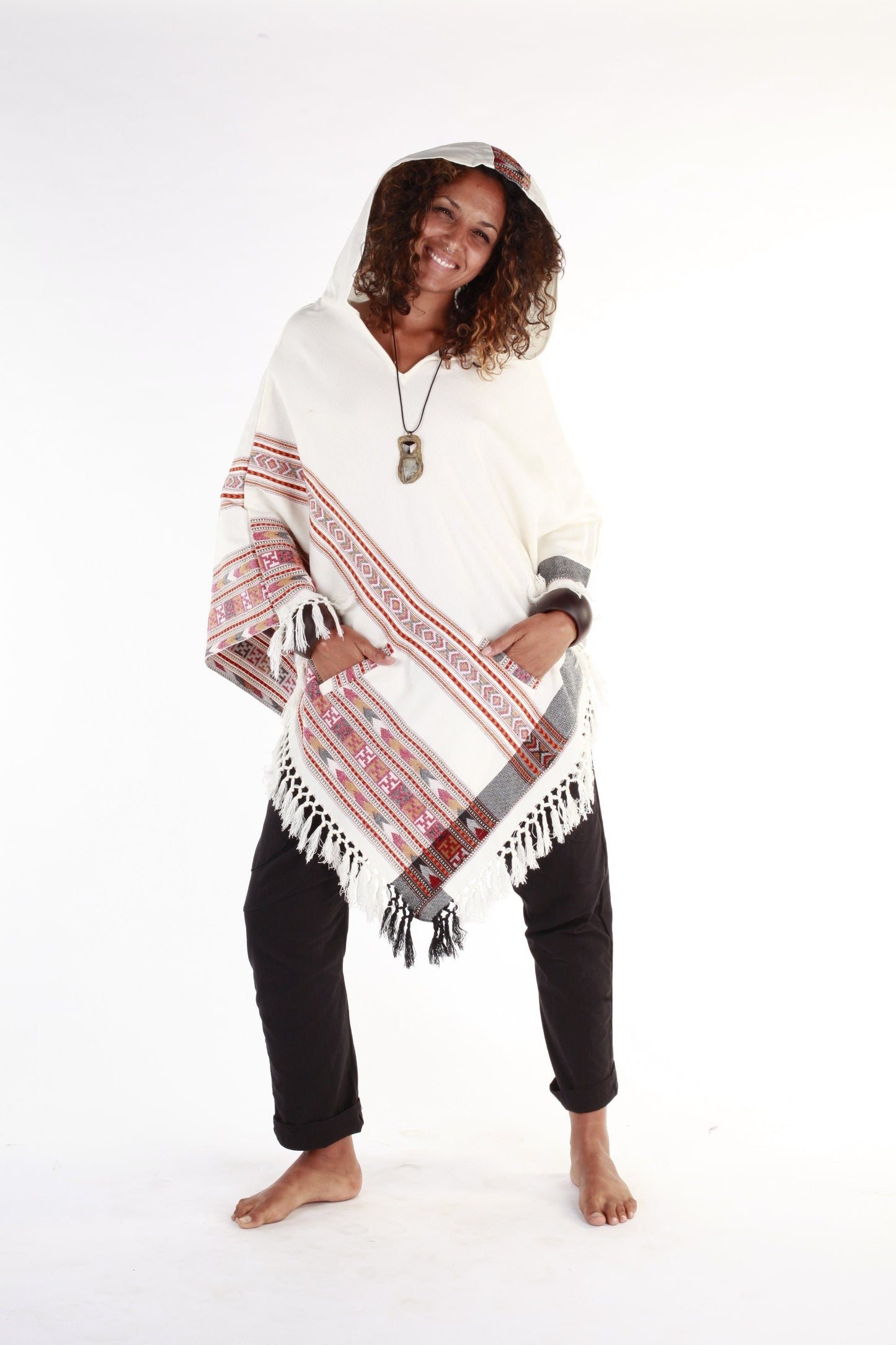 Womens Hooded Poncho Pure White Cashmere Wool, with Tribal Embroidery, Large Hood, Two Pockets, Hippie, Primitive, Gypsy, Boho, AJJAYA