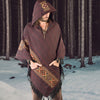 JHANA Mens Poncho Red Crimson Large Hood Yak Wool and Acrylic Wool Tribal Embroidery Celtic Patterns Wild Festival Mexican Primitive AJJAYA
