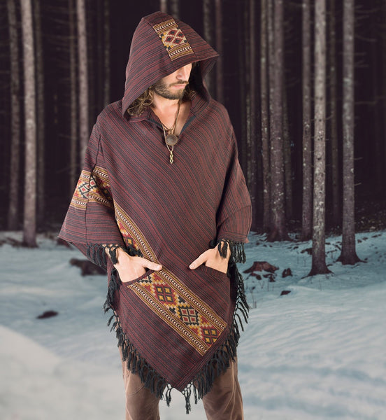 pothead poncho Men's Poncho Red Crimson Large Hood Yak Wool Tribal