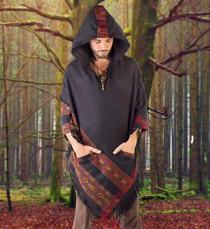 SAMADHI Black Mens Poncho Handmade with Large Hood and pockets Earthy Tribal Pattern Festival AJJAYA Primitive