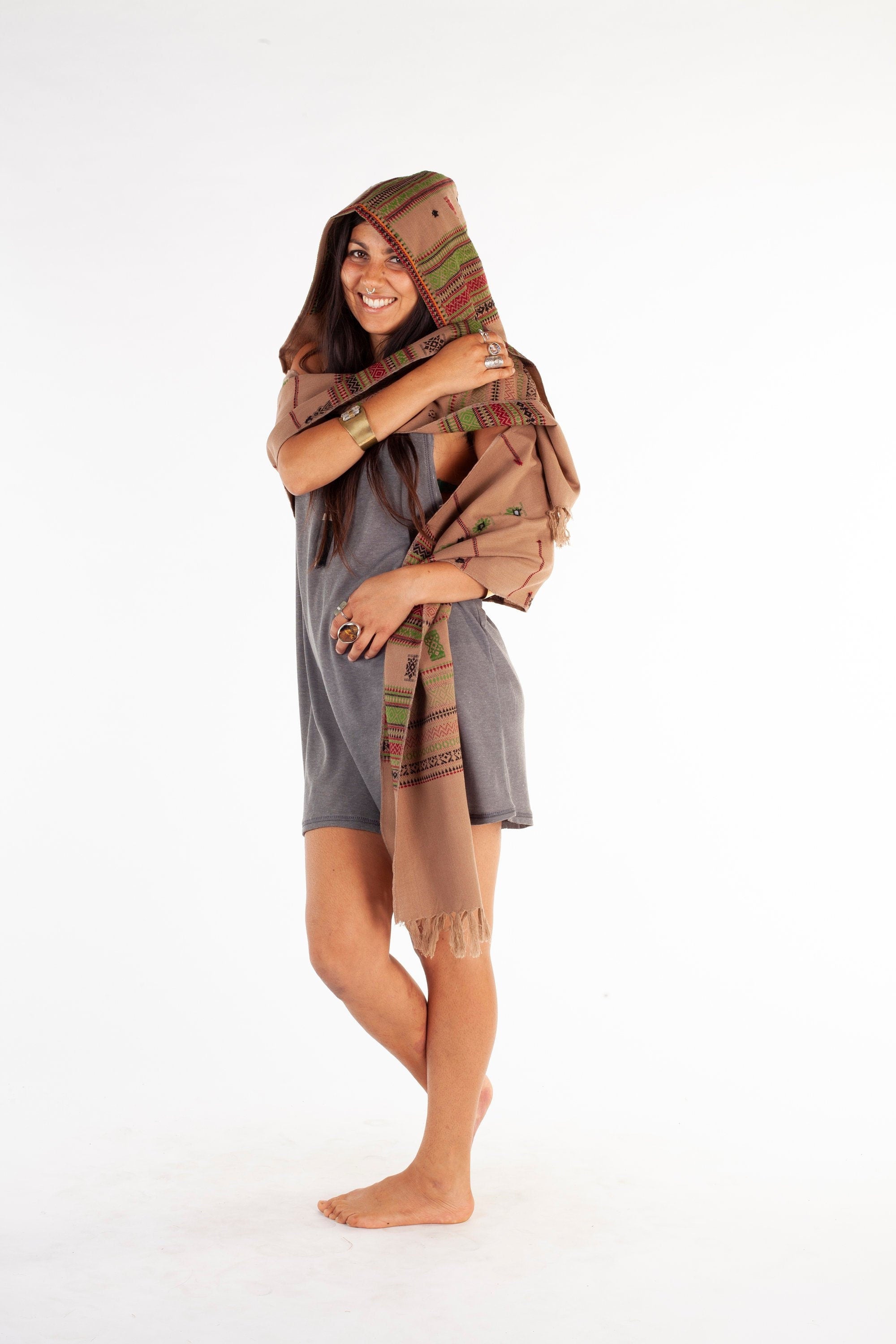 Handmade Hooded Scarf with Hood Light Wool Desert Sand, Earthy Tribal Pattern Festival Gypsy AJJAYA Rave Boho Nomadic Primitive Natural