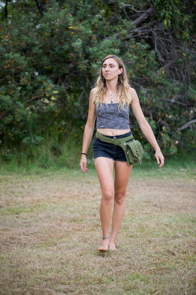 Kalahari Green Canvas Vegan Festival Doof Utility Functional Pocket Belt, Phone Compartment, Gypsy Bag, Fanny Hip Pack Travel Pouch AJJAYA