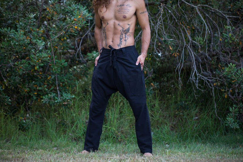 Mens Grey Cotton Pants Drop Crotch Harem Alibaba Yoga Comfortable Breathable One Size Loose Fit Festival Boho Hippie Natural Earthy AJJAYA