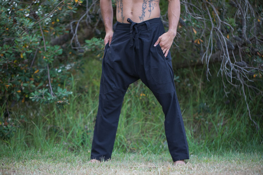 Mens Cotton Pants Black Drop Crotch Harem Alibaba Yoga Comfortable Breathable One Size Loose Fit Festival Boho Hippie Natural Earthy AJJAYA
