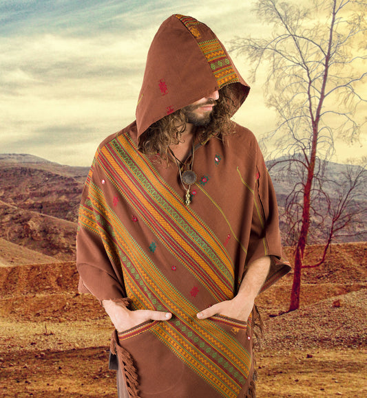 茶色のユニセックスフード付きポンチョ、フードとポケット付き手織りカシミアウール部族民族刺繡ジプシーフェスティバルボヘミアンレイブメキシカンAJJAY