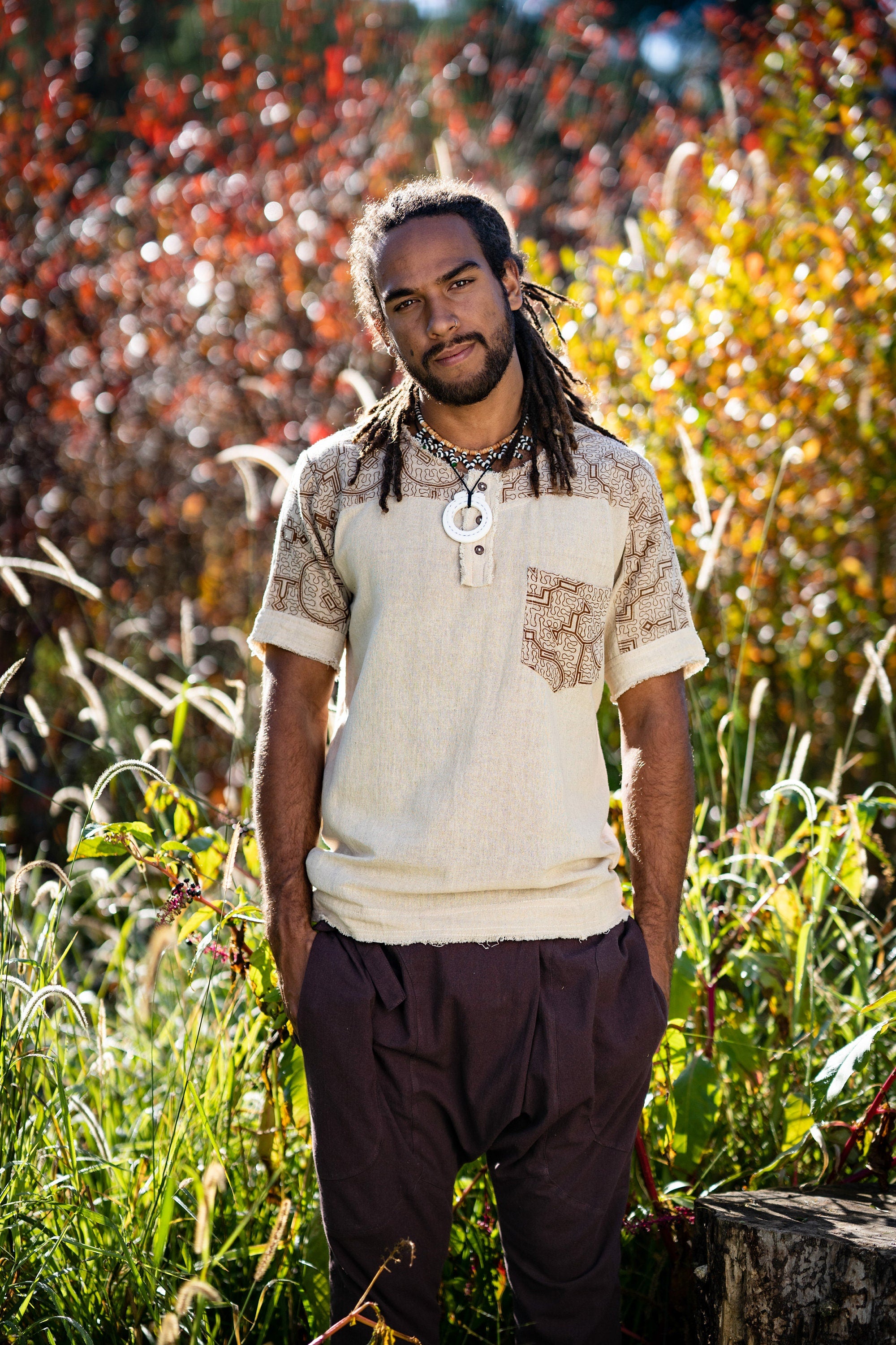 Mens ASURA Top Beige Brown Sacred Plant Shipibo Pattern Pocket T Shirt Shamanic Neo Tribal Gypsy Ritual Shaman Ethnic Handmade AJJAYA