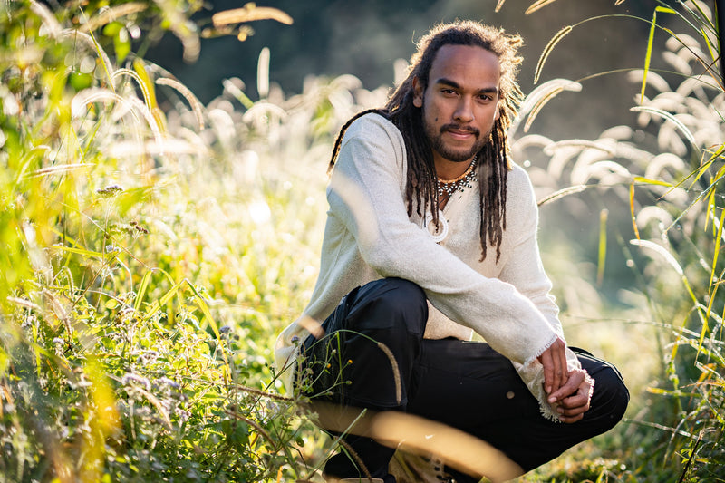 Mens Long Sleeve Top Handmade Neo Matrix Beige Apocalyptic Shirt, Gypsy Earthy Rugged Tribal Nomadic Ethnic Festival Rave Primitive AJJAYA