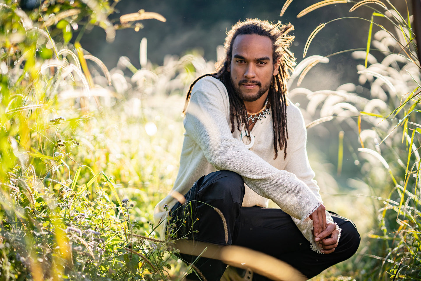 Mens Long Sleeve Top Handmade Neo Matrix Beige Apocalyptic Shirt, Gypsy Earthy Rugged Tribal Nomadic Ethnic Festival Rave Primitive AJJAYA