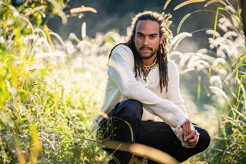 Mens Long Sleeve Top Handmade Neo Matrix Beige Apocalyptic Shirt, Gypsy Earthy Rugged Tribal Nomadic Ethnic Festival Rave Primitive AJJAYA