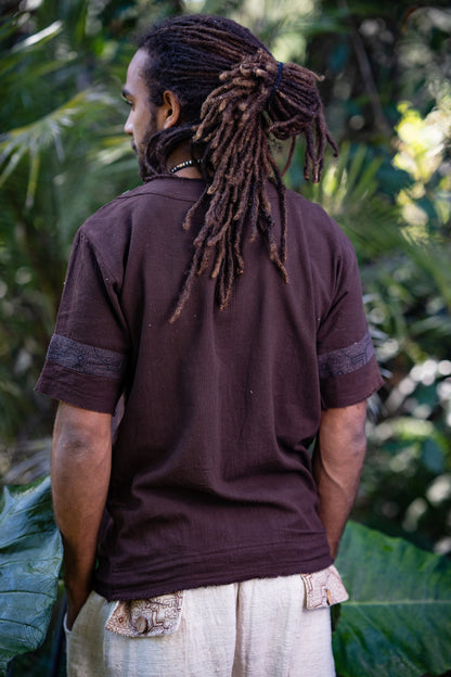 Mens WASKA Top Brown Sacred Plant Shipibo Shaman Pattern T Shirt Shamanic Neo Tribal Gypsy Ritual Festival Ceremony Ethnic Handmade AJJAYA