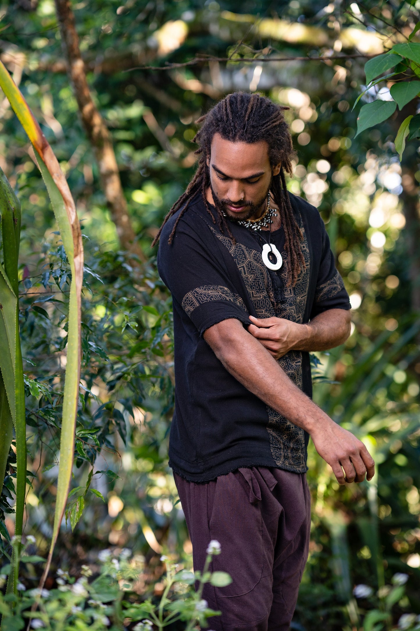 Mens WASKA Top Black Sacred Plant Shipibo Shaman Pattern T Shirt Shamanic Neo Tribal Gypsy Ritual Festival Ceremony Ethnic Handmade AJJAYA